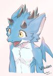  2022 6_horns anthro artist_name back_wings black_horn blue_body blue_fur character_name countershade_face countershade_neck countershade_torso countershading dated digital_drawing_(artwork) digital_media_(artwork) dragon english_text front_view fur furred_dragon furred_scalie green_horn half-length_portrait head_horn hi_res horn kuromonsart looking_aside male multi_horn multicolored_body mythological_creature mythological_scalie mythology nude nude_anthro nude_male open_mouth open_smile pink_background portrait pupils red_tongue scalie simple_background small_wings smile snout solo text tongue tongue_showing two_tone_body vikulan_(wiosvikulan) white_body white_countershading white_inner_ear white_sclera winged_dragon wings yellow_eyes 