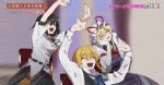  3girls black_ribbon black_skirt blonde_hair blue_bow blue_bowtie bow bowtie braid breasts chair closed_eyes collared_shirt commentary_request dress elbow_gloves facing_viewer fuuga_(perv_rsity) game_show gloves hair_bow hat hat_ribbon highres kirisame_marisa long_hair long_sleeves medium_breasts meme mob_cap multiple_girls neck_ribbon open_mouth purple_tabard red_bow red_hat red_ribbon ribbon sexy_thank_you_(meme) shameimaru_aya shirt side_braid single_braid skirt smile tabard tokin_hat touhou translation_request white_dress white_gloves white_hat white_shirt yakumo_yukari 