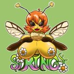 1:1 absurd_res antennae_(anatomy) anthro arthropod bee big_breasts black_eyes blush blush_lines breasts clothing empty_eyes fangs female flashing flashing_breasts front_view green_background hair hi_res hymenopteran insect insect_wings kaisorain looking_at_viewer open_mouth open_smile orange_hair pasties short_hair simple_background smile solo tan_clothing tan_sweater tan_topwear teeth text topwear wings