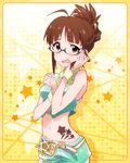  akizuki_ritsuko alternate_costume antenna_hair arms_up artist_request bare_shoulders blush brown_eyes brown_hair covering covering_breasts crop_top crop_top_overhang embarrassed folded_ponytail glasses hair_bun hand_on_own_cheek idolmaster idolmaster_(classic) idolmaster_million_live! jpeg_artifacts looking_at_viewer midriff million_dreams navel official_art open_mouth short_shorts shorts solo wrist_cuffs yellow_background 