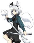  1girl alternate_costume alternate_species animal_ear_fluff animal_ears ankle_socks aqua_shirt black_collar black_corset black_hairband black_ribbon black_shorts black_socks blue_eyes blunt_bangs cat_ears cat_girl cat_tail chest_ribbon closed_mouth collar commentary_request corset cowboy_shot flat_chest frilled_shirt frilled_shirt_collar frilled_skirt frills ghost hairband hitodama holding holding_sword holding_weapon kaigen_1025 kemonomimi_mode konpaku_youmu konpaku_youmu_(ghost) leg_up light_frown long_sleeves looking_at_viewer medium_hair ribbon shirt shorts simple_background skirt socks solo sword tail thigh_strap touhou weapon white_background white_hair 
