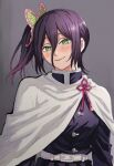  1girl ai-generated butterfly_hair_ornament cape chainsaw_man closed_mouth cosplay demon_slayer_uniform green_eyes hair_ornament highres jei_games kimetsu_no_yaiba long_hair purple_hair reze_(chainsaw_man) side_ponytail tsuyuri_kanao tsuyuri_kanao_(cosplay) white_cape 
