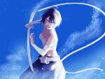  1girl ahoge black_hair black_hakama bleach breasts bridal_gauntlets chest_sarashi cleavage commentary cowboy_shot english_commentary hair_between_eyes hakama hakama_pants highres holding holding_sword holding_weapon japanese_clothes kuchiki_rukia m1rimorinku midriff open_mouth pants purple_eyes sarashi short_hair signature small_breasts smile sode_no_shirayuki_(shikai) solo sword weapon white_bridal_gauntlets zanpakutou 