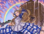  animal armlet bird blonde_hair blue_eyes blue_legwear blue_sky boat bodystocking branch cloud dove dress flower frilled_dress frills hair_flower hair_ornament hairband jyon long_hair long_sleeves noah's_ark noah_(p&amp;d) outdoors outstretched_arm puffy_long_sleeves puffy_sleeves puzzle_&amp;_dragons rainbow rose sky solo very_long_hair water watercraft white_dress white_flower white_rose wrist_cuffs 