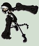  black_rock_shooter brown_eyes grey_background grim-evilnov highres hood hoodie mechanical_arms outline short_hair signature simple_background sleeveless solo strength_(black_rock_shooter) tail thighhighs white_hair 