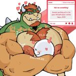  1:1 2_horns anthro bared_teeth beard biceps big_muscles big_nipples big_pecs bodily_fluids body_hair bowser chest_hair crococola english_text face_in_breasts facial_hair hair hairy heart_symbol hi_res horn hug huge_pecs hugging_another humanoid koopa male mario_bros muscular muscular_anthro muscular_male nintendo nipples pecs pressing_against scalie shell smile smirk solo spikes sweat text tight_hug 