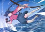  action arrow black_hair blue_eyes bow_(weapon) gloves hair_ribbon houshou_(kantai_collection) japanese_clothes jumping kantai_collection long_hair looking_at_viewer midair motion_blur ponytail quiver ribbon sandals solo thighhighs toritora torn_clothes very_long_hair weapon 