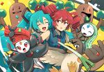  4girls ahoge aqua_hair black_shirt closed_eyes collared_shirt commentary_request drill_hair farfetch'd fingernails green_hair hair_between_eyes hair_ornament hatsune_miku headphones highres kasane_teto long_hair looking_at_another meloetta meloetta_(aria) meloetta_(pirouette) microphone multiple_girls nail_polish open_mouth orange_eyes orange_hair pokemon project_voltage red_eyes red_hair red_nails shirt sim_sb_(pixiv121308470) sleeveless sleeveless_shirt smile sudowoodo sweat twin_drills very_long_hair vocaloid white_shirt 