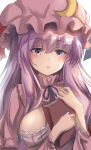 1girl bangs blue_ribbon blush book bow breasts cleavage crescent crescent_hat_ornament dress expressionless eyebrows_visible_through_hair face frills hat hat_ornament highres holding holding_book large_breasts long_hair looking_down mob_cap namiki_(remiter00) parted_lips patchouli_knowledge purple_eyes purple_hair red_bow red_ribbon ribbon simple_background solo striped touhou upper_body white_background 