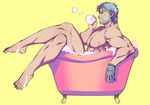  bara barefoot bath bathtub beard blue_hair bubble bubble_bath bubble_blowing facial_hair feet grey_hair jojo_no_kimyou_na_bouken joseph_joestar male_focus manle mechanical_hand muscle nipples nude solo wet 