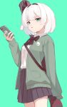  1girl absurdres adapted_costume affogato_(pixiv_98217350) black_bow black_bowtie black_skirt bow bow_hairband bowtie cellphone commentary_request contemporary green_background green_eyes green_jacket hairband highres holding holding_phone jacket konpaku_youmu open_mouth phone pleated_skirt school_uniform shirt short_hair simple_background skirt smartphone solo touhou white_hair white_shirt 