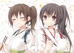  :&gt; :i =_= akagi_(kantai_collection) alternate_hairstyle bowl breasts brown_hair chopsticks closed_eyes commentary_request downscaled eating floral_background food food_on_face hair_up japanese_clothes kaga_(kantai_collection) kantai_collection komeshiro_kasu large_breasts long_hair matching_hairstyle md5_mismatch multiple_girls no_armor red_eyes resized rice rice_bowl rice_on_face short_hair side_ponytail tasuki twitter_username upper_body v-shaped_eyebrows 
