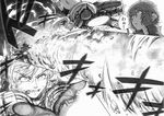  clenched_teeth comic curly_hair explosion face fang greyscale imizu_(nitro_unknown) kazami_yuuka kirisame_marisa monochrome multiple_girls open_mouth speech_bubble talking teeth touhou translated upper_body wide-eyed 