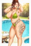  1girl absurdres armpit_hair bare_arms belly bikini blue_eyes bottle breasts brown_hair champagne_flute chinese_commentary collarbone commentary_request cup curvy day drinking_glass earrings eidde facial_mark fat_rolls feet_out_of_frame flower_tattoo grass green_bikini hair_ornament hair_scrunchie hands_up heart heart_facial_mark highres ice jewelry large_breasts leg_tattoo lens_flare mature_female navel open_mouth original parted_bangs pendant plump ponytail pool poolside scrunchie solo sparkle standing string_bikini swimsuit tattoo thick_thighs thighs tongue tongue_out 