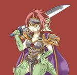  armor dragon granberia grandmastag hair monster_girl_quest plain_background red_background red_hair sword weapon yellow_eyes 