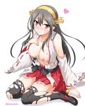  :i black_hair blush breasts brown_eyes detached_sleeves hairband hand_on_own_chest haruna_(kantai_collection) heart japanese_clothes kantai_collection large_breasts long_hair looking_at_viewer navel nipples ribbon-trimmed_sleeves ribbon_trim solo sweat thighhighs tomokichi torn_clothes torn_legwear twitter_username 