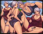  ass bare_shoulders breasts cameltoe christie_(doa) cleavage collarbone dead_or_alive dress dress_lift from_behind garters high_heels huge_breasts ibanen jewelry knife looking_back multiple_views necklace panties short_hair silver_hair underwear white_hair 
