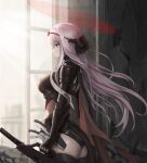  1girl absurdres arm_guards armor armored_bodysuit ass black_bodysuit bodysuit breasts english_commentary from_side goddess_of_victory:_nikke halo highres holding holding_sheath holding_sword holding_weapon japanese_armor katana long_hair medium_breasts official_alternate_costume official_alternate_design pink_hair red_eyes red_halo scabbard scarlet_(black_shadow)_(nikke) scarlet_(nikke) sheath sheathed side_cape solo sword weapon zxcs011 