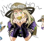  blue_hat blush brown_hair brown_hat buttons english_text gold_teeth green_eyes green_lips gyro_zeppeli hands_on_own_chin hat johnny_joestar jojo_no_kimyou_na_bouken looking_at_viewer lurmturm purple_shirt purple_star shirt simple_background sparkle star_(symbol) steel_ball_run white_background 
