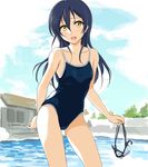  blue_eyes blush collarbone competition_school_swimsuit contrapposto goggles goggles_removed long_hair looking_at_viewer love_live! love_live!_school_idol_project one-piece_swimsuit open_mouth pool school_swimsuit solo sonoda_umi standing swimsuit tetopetesone yellow_eyes 