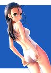  adjusting_clothes adjusting_swimsuit ass bare_shoulders black_hair blush breasts brown_eyes competition_swimsuit cowboy_shot forehead katahira_masashi long_hair looking_at_viewer looking_back medium_breasts one-piece_swimsuit original simple_background solo swimsuit white_swimsuit 