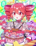  6+girls :o absurdres ahoge baguette birthday birthday_cake bow bread cake character_request commentary_request drill_hair flower food fruit grey_jacket happy_birthday highres igaku_(utau) jacket jiangshi kaoling kasane_teto kasane_teto_(sv) kasane_teto_(utau) melt_ice_cream_(vocaloid) mesmerizer_(vocaloid) mixed-language_commentary multicolored_hair multiple_girls multiple_persona nail_polish ofuda ofuda_on_head open_mouth party_popper pear pppp_(vocaloid) red_eyes red_flower red_hair red_rose red_trim ribbon rose shoulder_belt shoulder_boards striped_clothes striped_jacket synthesizer_v twin_drills utau white_bow white_ribbon 