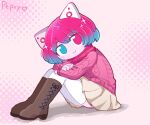  1girl animal_ears aran_sweater artist_name blue_eyes blue_hair boots brown_boots cable_knit cat_ears cat_girl colored_skin crossed_arms deformed eyes_visible_through_hair full_body gradient_hair grey_skirt halftone halftone_background heart heterochromia high_heel_boots high_heels highres knee_boots knees_up lace-up_boots leaning_forward long_sleeves miniskirt multicolored_hair no_nose no_pupils pepoyo pink_eyes pink_hair pink_scarf pink_skin pink_sweater pleated_skirt poyoroid puffy_long_sleeves puffy_sleeves scarf shadow short_hair sitting skirt solo sparkle sweater thighhighs thighhighs_under_boots two-tone_hair utau white_thighhighs zettai_ryouiki 