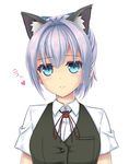  animal_ears blue_eyes cat_ears emuza kantai_collection kemonomimi_mode looking_at_viewer neck_ribbon ponytail purple_hair red_neckwear red_ribbon ribbon shiranui_(kantai_collection) short_hair smile solo translated vest 