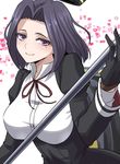  gloves heart kantai_collection looking_at_viewer mechanical_halo minarai_zouhyou mole mole_under_eye purple_eyes purple_hair ribbon short_hair smile solo tatsuta_(kantai_collection) weapon 