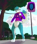  absurd_res backpack bench blush blush_lines clothed clothing collar diaper enema enema_bag exhibitionism generation_7_pokemon grass hi_res leash male nintendo park park_bench plant pokemon pokemon_(species) public rockruff solo sonpop street_lamp sweater topwear translucent tree wearing_diaper 