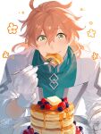  1boy :i ahoge artist_name blueberry blush butter chaldea_staff_uniform commentary_request drawn_flower eating fate/grand_order fate_(series) food fork fruit gloves green_eyes hair_between_eyes hair_down highres holding holding_fork long_sleeves looking_at_viewer male_focus orange_hair pancake pancake_stack plate romani_archaman senmochi_02 signature simple_background smile solo sparkling_eyes strawberry syrup upper_body white_background white_gloves wide-eyed 