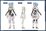  armor bare_shoulders blue_hair breasts cleavage concept_art fingerless_gloves gloves hair_ornament leotard medium_breasts multiple_views phantasy_star phantasy_star_online_2 pointy_ears red_eyes short_hair simple_background standing thighhighs thousand_rim turnaround twintails 