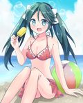  aqua_eyes arm_support bad_id bad_pixiv_id ball beach beachball bikini bikini_skirt blue_sky cloud day food green_hair ice_cream isuzu_(kantai_collection) kantai_collection knees_together_feet_apart kohaku_(csacu) looking_at_viewer ocean outdoors sitting sky smile solo swimsuit twintails 