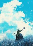  1boy blue_sky book cloud colol_colol corrupted_twitter_file floating floating_book floating_object grass grimoire_weiss highres landscape long_hair male_focus nier nier_(brother) nier_(brother)_(post_timeskip) nier_(series) outstretched_arm sky standing white_hair 
