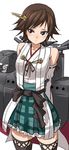  arms_behind_back blue_eyes brown_hair detached_sleeves hair_ornament hiei_(kantai_collection) japanese_clothes kantai_collection machinery minarai_zouhyou nontraditional_miko ribbon-trimmed_sleeves ribbon_trim short_hair solo thighhighs turret 