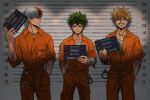  3boys bakugou_katsuki blonde_hair blue_eyes boku_no_hero_academia burn_scar character_name cuffs english_commentary english_text freckles green_hair grey_eyes hand_in_pocket handcuffs height_chart height_mark heterochromia highres holding holding_sign jumpsuit lineup looking_at_viewer male_focus midoriya_izuku mugshot multicolored_hair multiple_boys orange_jumpsuit prison_clothes red_eyes red_hair scar scar_on_face scowl sign spiked_hair split-color_hair straight-on teanmoi todoroki_shouto two-tone_hair white_hair 