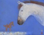  animal_focus blue_background commentary_request damumun highres horse no_humans original sculpture 