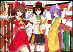  2015 3girls armband ascot bad_link bad_twitter_link bamboo black_hair bow coco_(r5m) detached_sleeves floral_print flower hair_bow hair_flower hair_ornament hair_tubes hakurei_reimu hands_on_own_hips hat hieda_no_akyuu highres horns japanese_clothes long_hair multiple_girls open_mouth purple_eyes purple_hair red_eyes rising_sun_flag shameimaru_aya sheep sheep_horns short_hair skirt smile sunburst sunburst_background tokin_hat torii touhou yin_yang 