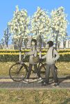  2girls absurdres aran_sweater bicycle black_hair black_pants black_shoes blue_sky building cable_knit commentary_request crinoids day from_side full_body grass grey_pants grey_scarf grey_sweater hand_on_own_hip hedge highres long_hair looking_to_the_side multiple_girls no_socks original outdoors pants path pushing_bicycle scarf shadow shoes short_hair sky slice_of_life sneakers spring_(season) sweater tree turning_head walking white_sweater 
