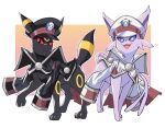  :d bright_pupils closed_mouth clothed_pokemon cosplay emmet_(pokemon) emmet_(pokemon)_(cosplay) espeon frown hat ingo_(pokemon) ingo_(pokemon)_(cosplay) no_humans open_mouth peaked_cap pokemon pokemon_(creature) pokemon_black_and_white pokemon_focus purple_eyes red_eyes rei_(esprei96) smile standing umbreon white_hat white_pupils 