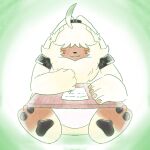 1:1 ahoge angoramon anthro bandai_namco belt digimon digimon_(species) digimon_ghost_game drawing fur hair hair_over_eyes hi_res male pawpads pencil sitting smile solo unknown_artist yellow_body yellow_fur