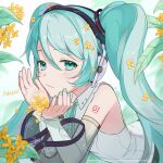  1girl aqua_eyes aqua_hair aqua_nails aqua_ribbon artist_name ashika_(yftcc948) bare_shoulders black_skirt black_trim blurry blurry_background buttons closed_mouth collared_shirt commentary_request cupping_hands double-parted_bangs elbows_on_ground english_text flower hair_between_eyes hair_flower hair_ornament hands_up hatsune_miku hatsune_miku_(nt) headphones highres inverted_eyelashes layered_sleeves leaf light_blush long_hair long_sleeves looking_at_viewer lying nail_polish neck_ribbon number_tattoo on_ground on_stomach outdoors own_hands_together petite piapro_studio ribbon see-through_clothes see-through_sleeves shirt shoulder_tattoo sidelocks skirt sky sleeveless sleeveless_shirt smile solo tattoo twintails upper_body vocaloid watermark white_shirt white_sky white_sleeves wide_sleeves yellow_flower 