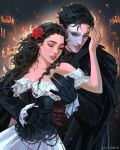  1boy 1girl arm_around_another's_waist artist_name bare_shoulders black_cloak black_corset black_gloves black_hair breasts candle christine_daae cleavage cloak commentary corset curly_hair dress english_commentary erik_(phantom_of_the_opera) flower gloves hair_flower hair_ornament half_mask hand_in_another's_hair hetero highres hug hug_from_behind long_hair lotusbubble227 mask medium_breasts off-shoulder_dress off_shoulder parted_lips phantom_of_the_opera red_flower red_shirt shirt short_hair upper_body white_dress 