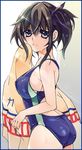  black_hair brown_eyes choko_(kandatake) competition_swimsuit kaga_(kantai_collection) kantai_collection one-piece_swimsuit short_hair side_ponytail solo swimsuit towel 