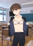  1boy averting_eyes belt belt_buckle black_pants blue_belt blurry blurry_background blush bow bow_bra bra brown_eyes brown_hair buckle ceiling ceiling_light chair chalkboard classroom collarbone commentary_request cowboy_shot crossdressing crossdressing_(mtf) day desk frustrated highres hokuro_ryuuseigun indoors jacket looking_to_the_side male_focus nervous_sweating open_clothes open_jacket original pants pink_bow school_chair school_desk solo standing stealth_flashing straight-on sweat turning_head two-sided_fabric two-sided_jacket underwear v-shaped_eyebrows white_bra window wooden_floor 