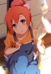  alternate_hairstyle blue_eyes blurry blush chestnut_mouth depth_of_field fan hair_bun hair_up hot kousaka_honoka looking_at_viewer love_live! love_live!_school_idol_project ogipote orange_hair overalls paper_fan shade sitting solo uchiwa wind_chime 