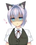  animal_ears blue_eyes cat_ears emuza kantai_collection kemonomimi_mode looking_at_viewer neck_ribbon open_mouth ponytail purple_hair red_neckwear red_ribbon ribbon shiranui_(kantai_collection) short_hair solo translated vest yandere 