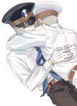  2boys absurdres arms_around_neck ayasyacyo belt black_hat black_pants brothers brown_belt closed_eyes dutch_angle emmet_(pokemon) gloves grey_hair hat highres hug ingo_(pokemon) male_focus multiple_boys mutual_hug pants peaked_cap pokemon pokemon_black_and_white shirt shirt_tucked_in short_hair siblings sideburns simple_background twins white_background white_gloves white_hat white_pants white_shirt 
