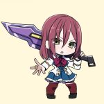  1girl assault_lily black_shirt black_shoes blue_skirt bow bowtie chibi commentary_request full_body green_eyes gumoyu hair_between_eyes hands_up hatsukano_yo herensuge_girls_academy_school_uniform high-waist_skirt holding holding_sword holding_weapon jacket jewelry long_bangs long_hair long_sleeves looking_at_viewer medium_hair miniskirt open_clothes open_jacket outstretched_arm over_shoulder parted_lips pleated_skirt red_bow red_bowtie red_hair red_thighhighs ring school_uniform shirt shoes simple_background skirt solo standing sword sword_over_shoulder thighhighs very_long_hair weapon weapon_over_shoulder white_jacket yellow_background 
