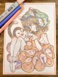  1girl animal_ear_fluff animal_ear_piercing animal_ears art_tools_in_frame blush bow brown_eyes brown_hair cat_ears cat_tail chen commentary earrings gloves green_hat hat hat_bell hat_bow highres hoop_earrings jewelry looking_at_viewer masanaga_(tsukasa) medium_hair mob_cap multiple_tails nekomata open_mouth puffy_short_sleeves puffy_sleeves red_skirt red_vest shirt short_sleeves single_earring skirt solo tail touhou traditional_media two_tails untranslatable_commentary vest white_bow white_gloves white_shirt 
